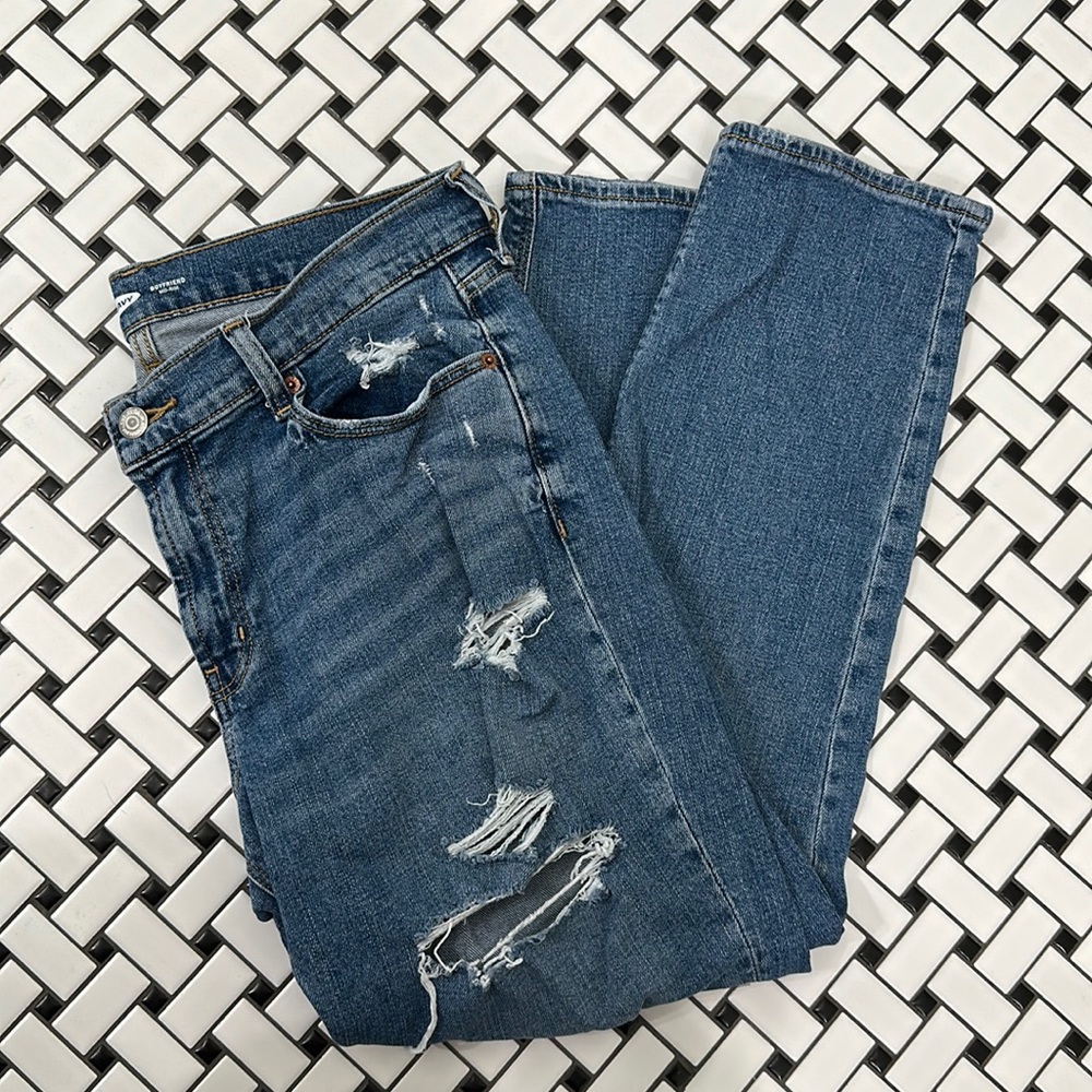 Distressed mid rise boyfriend jeans